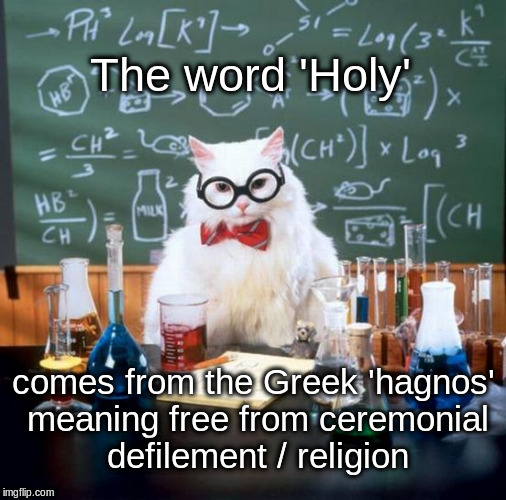 Chemistry Cat | The word 'Holy'; comes from the Greek 'hagnos' meaning free from ceremonial defilement / religion | image tagged in memes,chemistry cat | made w/ Imgflip meme maker