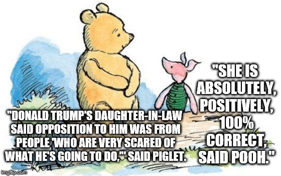 winnie the pooh and piglet | "SHE IS ABSOLUTELY, POSITIVELY, 100% CORRECT, SAID POOH."; "DONALD TRUMP'S DAUGHTER-IN-LAW SAID OPPOSITION TO HIM WAS FROM PEOPLE 'WHO ARE VERY SCARED OF WHAT HE'S GOING TO DO,'" SAID PIGLET. | image tagged in winnie the pooh and piglet | made w/ Imgflip meme maker