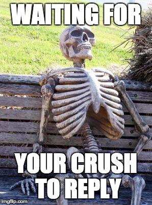 Waiting Skeleton | WAITING FOR; YOUR CRUSH TO REPLY | image tagged in memes,waiting skeleton | made w/ Imgflip meme maker