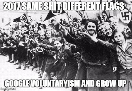 Nazis | 2017 SAME SHIT DIFFERENT FLAGS; GOOGLE VOLUNTARYISM AND GROW UP | image tagged in nazis | made w/ Imgflip meme maker
