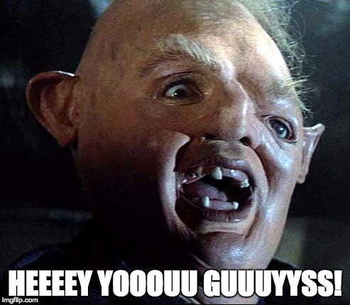 Sloth Goonies | HEEEEY YOOOUU GUUUYYSS! | image tagged in sloth goonies | made w/ Imgflip meme maker