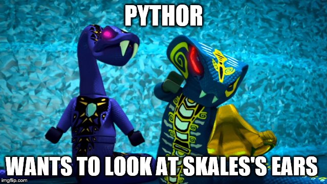 Pythor's a stalker | PYTHOR; WANTS TO LOOK AT SKALES'S EARS | image tagged in pythor,skales,ninjago,creepy stalker | made w/ Imgflip meme maker