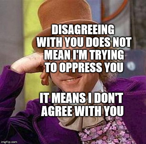 Creepy Condescending Wonka Meme | DISAGREEING WITH YOU DOES NOT MEAN I'M TRYING TO OPPRESS YOU; IT MEANS I DON'T AGREE WITH YOU | image tagged in memes,creepy condescending wonka | made w/ Imgflip meme maker