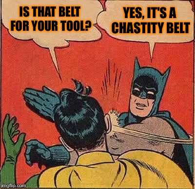 Batman Slapping Robin Meme | IS THAT BELT FOR YOUR TOOL? YES, IT'S A CHASTITY BELT | image tagged in memes,batman slapping robin | made w/ Imgflip meme maker