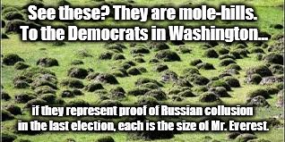 Anyone hear the old expression, "Making a mountain out of a mole hill ? | See these? They are mole-hills. To the Democrats in Washington... if they represent proof of Russian collusion in the last election, each is the size of Mr. Everest. | image tagged in trump | made w/ Imgflip meme maker