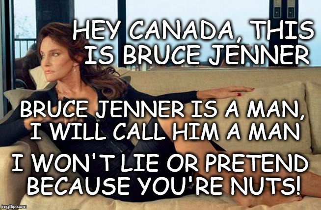 Bruce Jenner | HEY CANADA, THIS IS BRUCE JENNER; BRUCE JENNER IS A MAN, I WILL CALL HIM A MAN; I WON'T LIE OR PRETEND BECAUSE YOU'RE NUTS! | image tagged in overly manly man | made w/ Imgflip meme maker