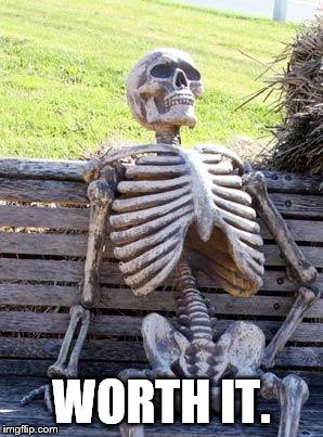 Waiting Skeleton Meme | WORTH IT. | image tagged in memes,waiting skeleton | made w/ Imgflip meme maker