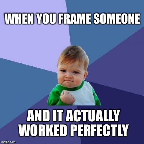 Framed | WHEN YOU FRAME SOMEONE; AND IT ACTUALLY WORKED PERFECTLY | image tagged in memes,success kid | made w/ Imgflip meme maker