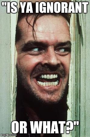 Here's Johnny | "IS YA IGNORANT; OR WHAT?" | image tagged in memes,heres johnny | made w/ Imgflip meme maker