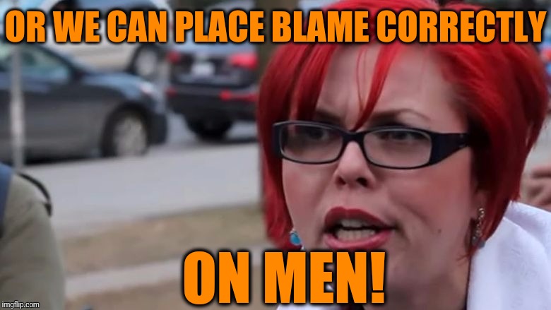  triggered | OR WE CAN PLACE BLAME CORRECTLY ON MEN! | image tagged in triggered | made w/ Imgflip meme maker