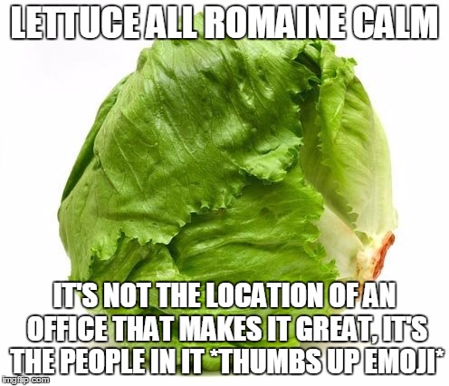 Lettuce Get Some Head | LETTUCE ALL ROMAINE CALM; IT'S NOT THE LOCATION OF AN OFFICE THAT MAKES IT GREAT, IT'S THE PEOPLE IN IT *THUMBS UP EMOJI* | image tagged in lettuce get some head | made w/ Imgflip meme maker