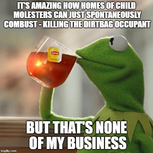 for the molester who moved into the house next to his victim... 
 | IT'S AMAZING HOW HOMES OF CHILD MOLESTERS CAN JUST SPONTANEOUSLY COMBUST - KILLING THE DIRTBAG OCCUPANT; BUT THAT'S NONE OF MY BUSINESS | image tagged in memes,but thats none of my business,kermit the frog | made w/ Imgflip meme maker