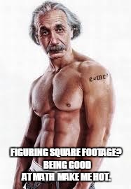 Buff Einstein | FIGURING SQUARE FOOTAGE?  BEING GOOD AT MATH  MAKE ME HOT. | image tagged in buff einstein | made w/ Imgflip meme maker
