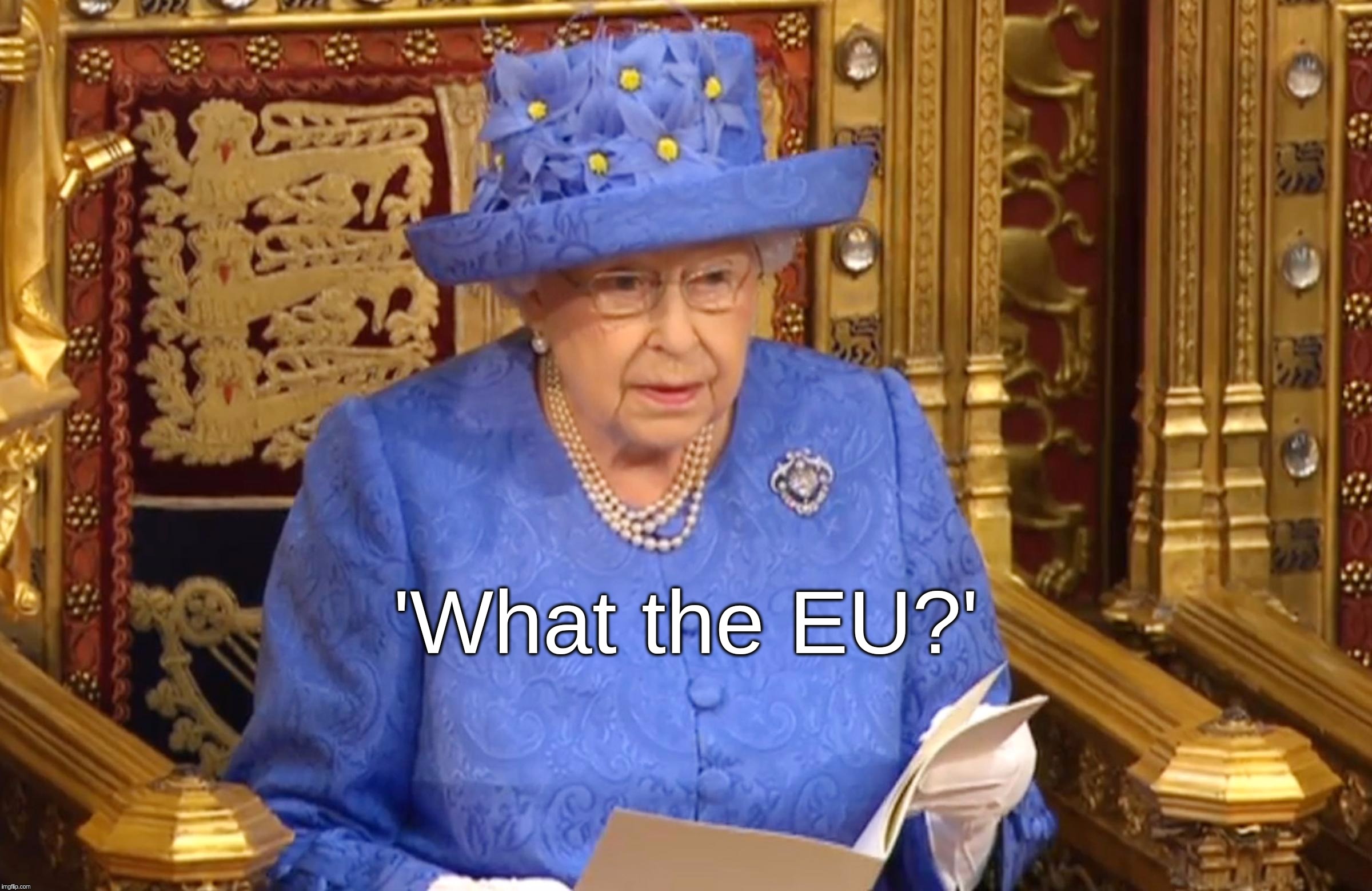 'Queen's Speech 2017; What the EU?' | 'What the EU?' | image tagged in queen,brexit,speech,eu,queen's,2017 | made w/ Imgflip meme maker