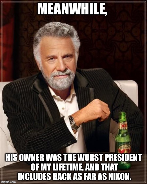 The Most Interesting Man In The World Meme | MEANWHILE, HIS OWNER WAS THE WORST PRESIDENT OF MY LIFETIME, AND THAT INCLUDES BACK AS FAR AS NIXON. | image tagged in memes,the most interesting man in the world | made w/ Imgflip meme maker