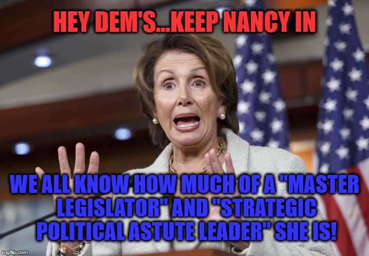 HEY DEM'S...KEEP NANCY IN; WE ALL KNOW HOW MUCH OF A "MASTER LEGISLATOR" AND "STRATEGIC POLITICAL ASTUTE LEADER" SHE IS! | image tagged in nancy pelosi wtf | made w/ Imgflip meme maker