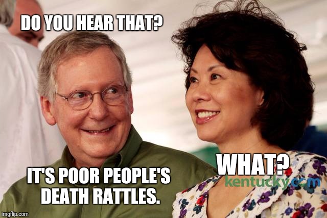 mitch mcconnell and his wife | DO YOU HEAR THAT? WHAT? IT'S POOR PEOPLE'S DEATH RATTLES. | image tagged in mitch mcconnell and his wife,memes,trumpcare | made w/ Imgflip meme maker
