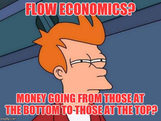 Futurama Fry Meme | FLOW ECONOMICS? MONEY GOING FROM THOSE AT THE BOTTOM TO THOSE AT THE TOP? | image tagged in memes,futurama fry | made w/ Imgflip meme maker