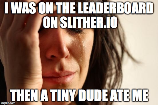 First World Problems | I WAS ON THE LEADERBOARD ON SLITHER.IO; THEN A TINY DUDE ATE ME | image tagged in memes,first world problems | made w/ Imgflip meme maker