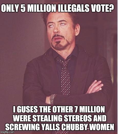 Face You Make Robert Downey Jr Meme | ONLY 5 MILLION ILLEGALS VOTE? I GUSES THE OTHER 7 MILLION WERE STEALING STEREOS AND SCREWING YALLS CHUBBY WOMEN | image tagged in memes,face you make robert downey jr | made w/ Imgflip meme maker