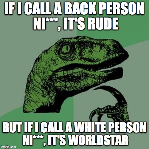 Philosoraptor | IF I CALL A BACK PERSON NI***, IT'S RUDE; BUT IF I CALL A WHITE PERSON NI***, IT'S WORLDSTAR | image tagged in memes,philosoraptor | made w/ Imgflip meme maker