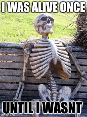 Waiting Skeleton | I WAS ALIVE ONCE; UNTIL I WASNT | image tagged in memes,waiting skeleton | made w/ Imgflip meme maker