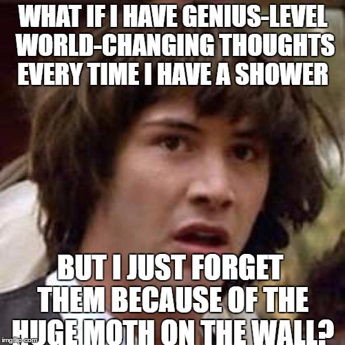 I may also forget to kill the stupid moth, every single time. | WHAT IF I HAVE GENIUS-LEVEL WORLD-CHANGING THOUGHTS EVERY TIME I HAVE A SHOWER; BUT I JUST FORGET THEM BECAUSE OF THE HUGE MOTH ON THE WALL? | image tagged in memes,conspiracy keanu | made w/ Imgflip meme maker