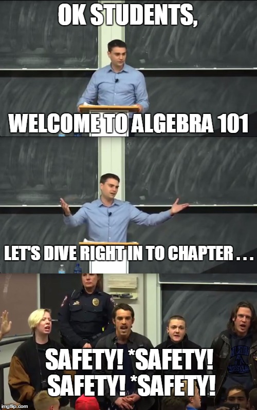 I should have stayed in IT | OK STUDENTS, WELCOME TO ALGEBRA 101; LET'S DIVE RIGHT IN TO CHAPTER . . . SAFETY! *SAFETY! SAFETY! *SAFETY! | image tagged in safety | made w/ Imgflip meme maker