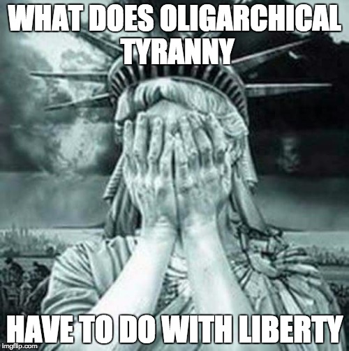 The Statue Of Liberty Weeps | WHAT DOES OLIGARCHICAL TYRANNY; HAVE TO DO WITH LIBERTY | image tagged in the statue of liberty weeps | made w/ Imgflip meme maker