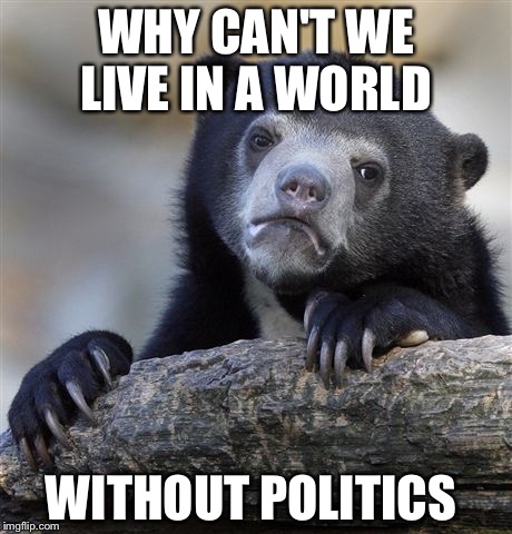 Confession Bear Meme | WHY CAN'T WE LIVE IN A WORLD; WITHOUT POLITICS | image tagged in memes,confession bear | made w/ Imgflip meme maker