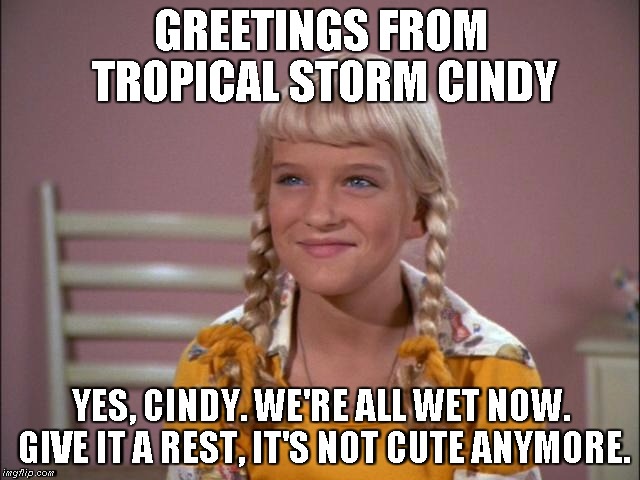 Tropical Storm Cindy | GREETINGS FROM TROPICAL STORM CINDY; YES, CINDY. WE'RE ALL WET NOW. GIVE IT A REST, IT'S NOT CUTE ANYMORE. | image tagged in cindy brady,storm | made w/ Imgflip meme maker