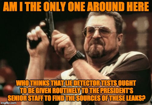 Am I The Only One Around Here | AM I THE ONLY ONE AROUND HERE; WHO THINKS THAT LIE DETECTOR TESTS OUGHT TO BE GIVEN ROUTINELY TO THE PRESIDENT'S SENIOR STAFF TO FIND THE SOURCES OF THESE LEAKS? | image tagged in memes,am i the only one around here | made w/ Imgflip meme maker