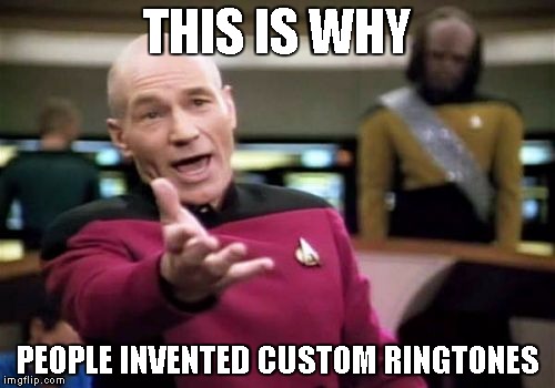 Picard Wtf | THIS IS WHY; PEOPLE INVENTED CUSTOM RINGTONES | image tagged in memes,picard wtf | made w/ Imgflip meme maker