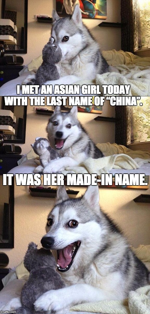 Bad Pun Dog | I MET AN ASIAN GIRL TODAY WITH THE LAST NAME OF “CHINA”. IT WAS HER MADE-IN NAME. | image tagged in memes,bad pun dog | made w/ Imgflip meme maker