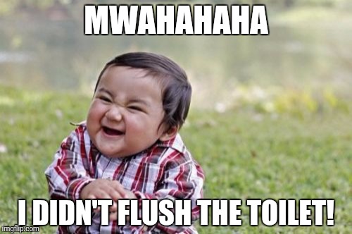 Evil Toddler Meme | MWAHAHAHA; I DIDN'T FLUSH THE TOILET! | image tagged in memes,evil toddler | made w/ Imgflip meme maker