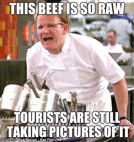Chef Gordon Ramsay Meme | THIS BEEF IS SO RAW; TOURISTS ARE STILL TAKING PICTURES OF IT | image tagged in memes,chef gordon ramsay | made w/ Imgflip meme maker