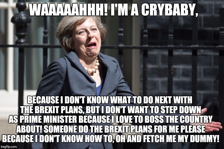 Theresa May crying like a baby! | WAAAAAHHH! I'M A CRYBABY, BECAUSE I DON'T KNOW WHAT TO DO NEXT WITH THE BREXIT PLANS, BUT I DON'T WANT TO STEP DOWN AS PRIME MINISTER BECAUSE I LOVE TO BOSS THE COUNTRY ABOUT! SOMEONE DO THE BREXIT PLANS FOR ME PLEASE BECAUSE I DON'T KNOW HOW TO, OH AND FETCH ME MY DUMMY! | image tagged in theresa may,theresa may pm uk prime minister brexit wreckzit,theresa may crying | made w/ Imgflip meme maker