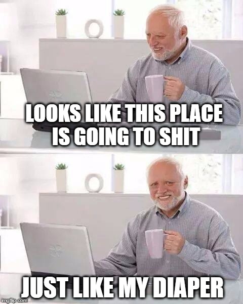 LOOKS LIKE THIS PLACE IS GOING TO SHIT; JUST LIKE MY DIAPER | image tagged in hide the pain harold,diapers,incontinence,nsfw filth week | made w/ Imgflip meme maker