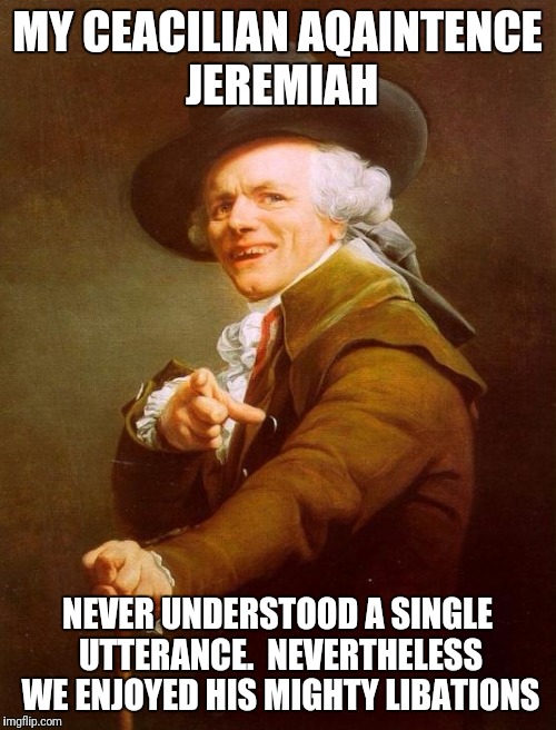 Joseph Ducreux | MY CEACILIAN AQAINTENCE JEREMIAH; NEVER UNDERSTOOD A SINGLE UTTERANCE.  NEVERTHELESS WE ENJOYED HIS MIGHTY LIBATIONS | image tagged in memes,joseph ducreux | made w/ Imgflip meme maker