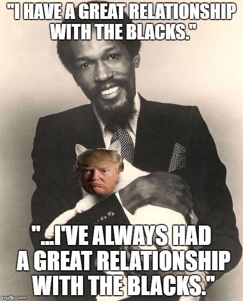Trumpy Cat Loves the Blacks | "I HAVE A GREAT RELATIONSHIP WITH THE BLACKS."; "...I'VE ALWAYS HAD A GREAT RELATIONSHIP WITH THE BLACKS." | image tagged in trump quotes | made w/ Imgflip meme maker