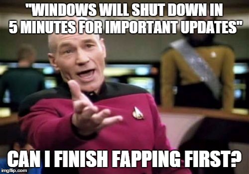 Picard Wtf Meme | "WINDOWS WILL SHUT DOWN IN 5 MINUTES FOR IMPORTANT UPDATES" CAN I FINISH FAPPING FIRST? | image tagged in memes,picard wtf | made w/ Imgflip meme maker