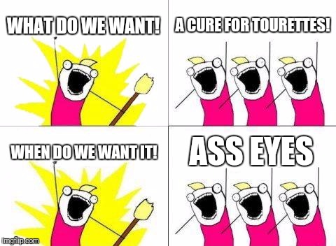 What Do We Want Meme | WHAT DO WE WANT! A CURE FOR TOURETTES! WHEN DO WE WANT IT! ASS EYES | image tagged in memes,what do we want | made w/ Imgflip meme maker