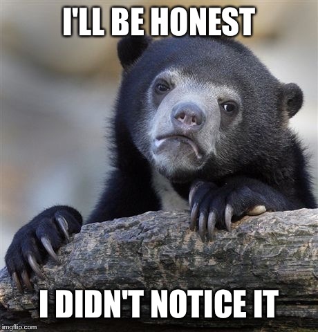 Confession Bear Meme | I'LL BE HONEST I DIDN'T NOTICE IT | image tagged in memes,confession bear | made w/ Imgflip meme maker