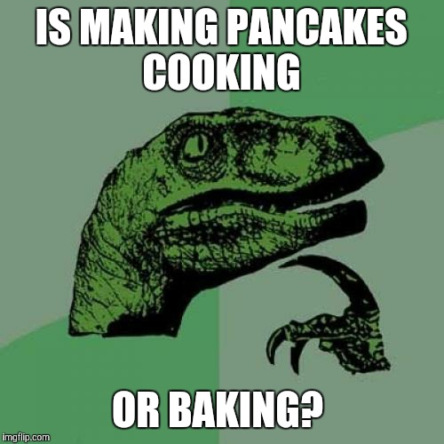 Philosoraptor Meme | IS MAKING PANCAKES COOKING; OR BAKING? | image tagged in memes,philosoraptor | made w/ Imgflip meme maker