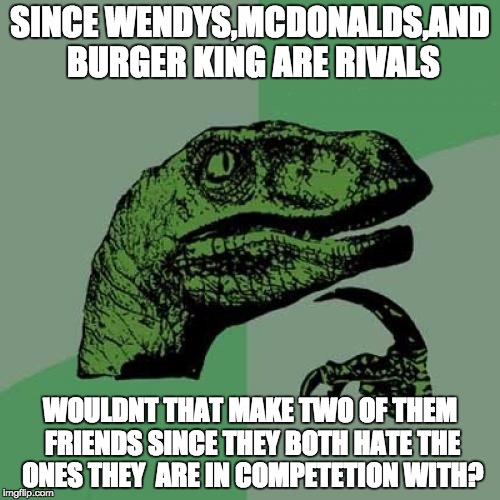 Philosoraptor | SINCE WENDYS,MCDONALDS,AND BURGER KING ARE RIVALS; WOULDNT THAT MAKE TWO OF THEM FRIENDS SINCE THEY BOTH HATE THE ONES THEY  ARE IN COMPETETION WITH? | image tagged in memes,philosoraptor | made w/ Imgflip meme maker