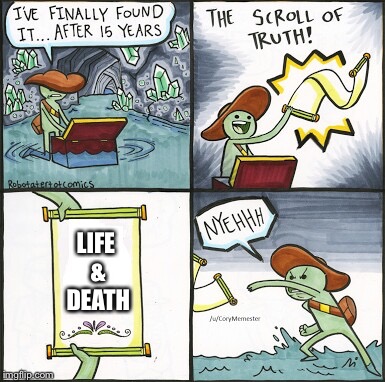 The only things true in life | LIFE & DEATH | image tagged in the scroll of truth,memes,everyone lies | made w/ Imgflip meme maker