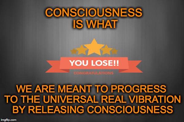 CONSCIOUSNESS IS WHAT; WE ARE MEANT TO PROGRESS TO THE UNIVERSAL REAL VIBRATION BY RELEASING CONSCIOUSNESS | made w/ Imgflip meme maker