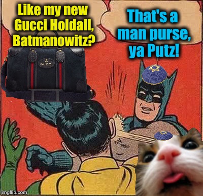 Batmanowitz and Fluffy Slapping Robin | Like my new Gucci Holdall, Batmanowitz? That's a man purse, ya Putz! | image tagged in memes,batman slapping robin,evilmandoevil,funny,fluffy | made w/ Imgflip meme maker