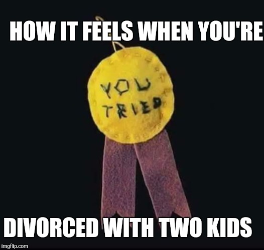 participation ribbon | HOW IT FEELS WHEN YOU'RE; DIVORCED WITH TWO KIDS | image tagged in participation ribbon | made w/ Imgflip meme maker