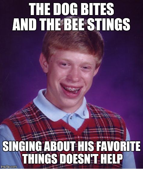 Bad Luck Brian Meme | THE DOG BITES AND THE BEE STINGS; SINGING ABOUT HIS FAVORITE THINGS DOESN'T HELP | image tagged in memes,bad luck brian | made w/ Imgflip meme maker